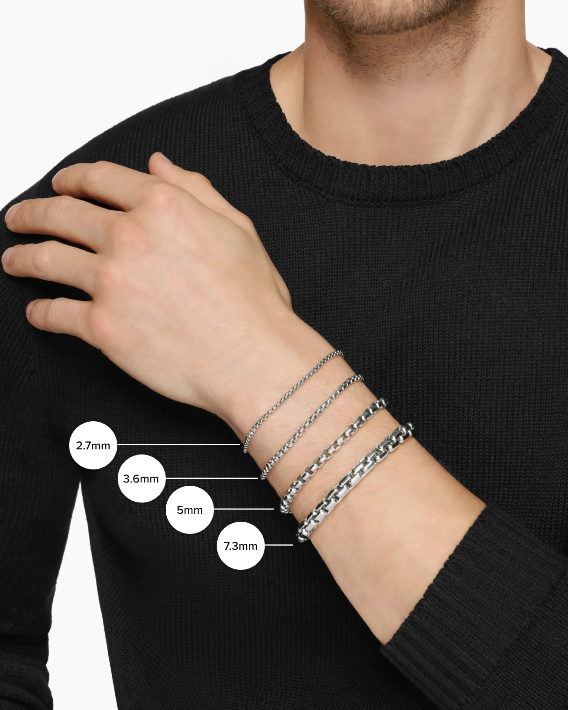 Box Chain Bracelet Stainless Steel and Sterling Silver, 2.7mm