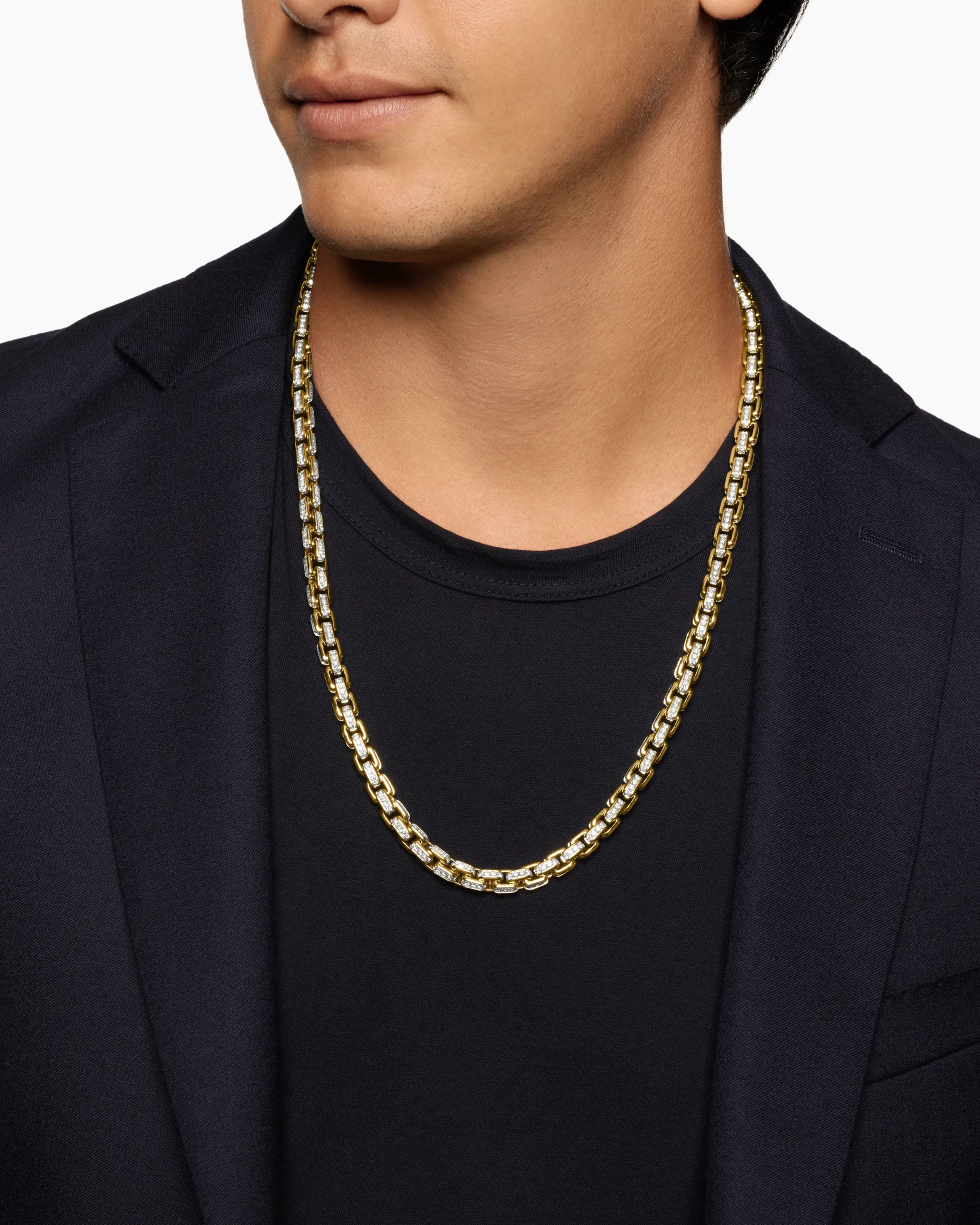 Box Chain Necklace 18K Yellow Gold with Pavé Diamonds, 7.5mm