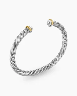 Cable Cuff Bracelet Sterling Silver with 14K Yellow Gold, 6mm