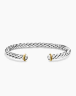 Cable Cuff Bracelet Sterling Silver with 14K Yellow Gold, 6mm