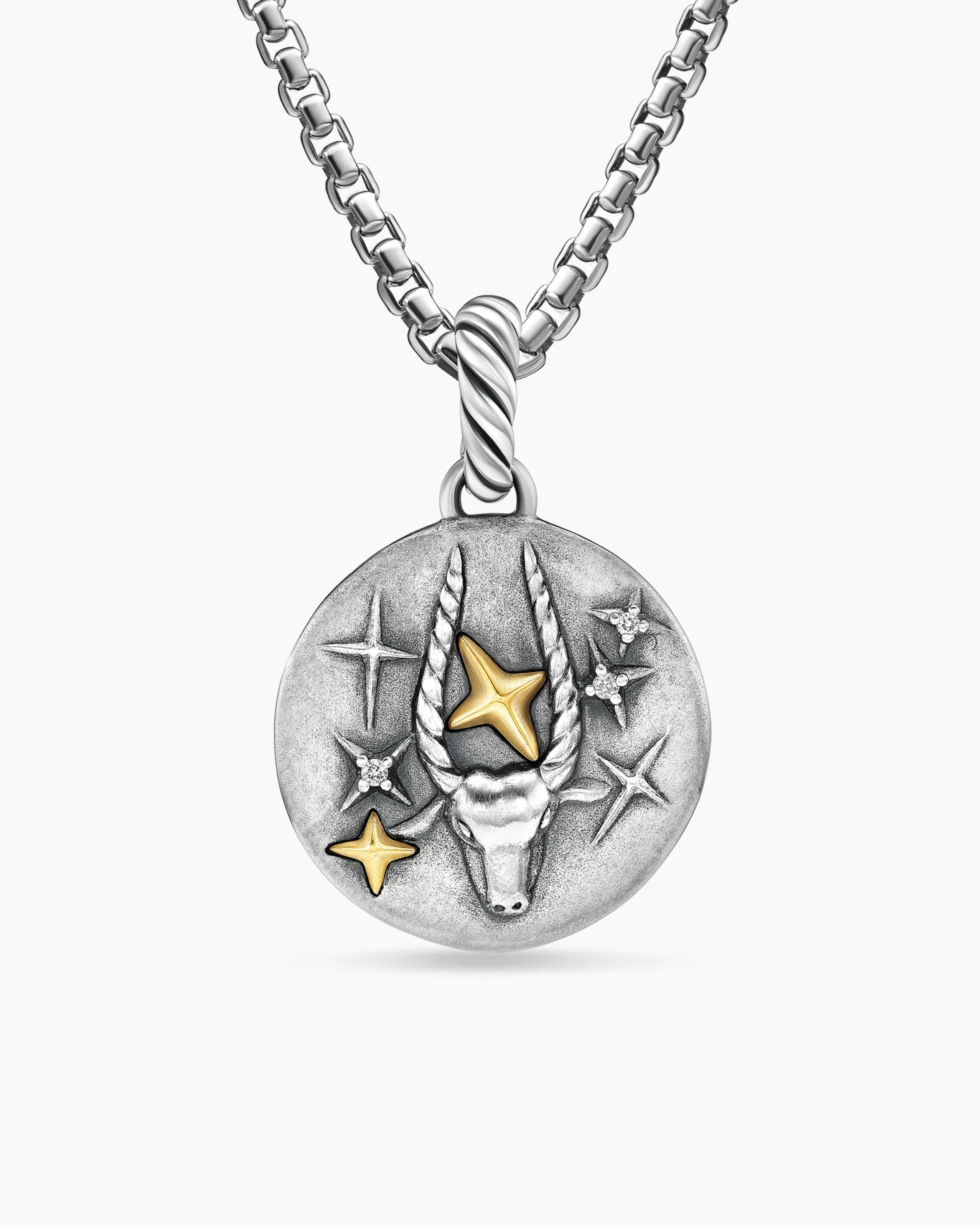 Capricorn Amulet Sterling Silver with 18K Yellow Gold and Diamonds, 19mm
