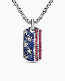 Chevron American Flag Tag Sterling Silver with Sapphires, Diamonds, and Rubies, 35mm