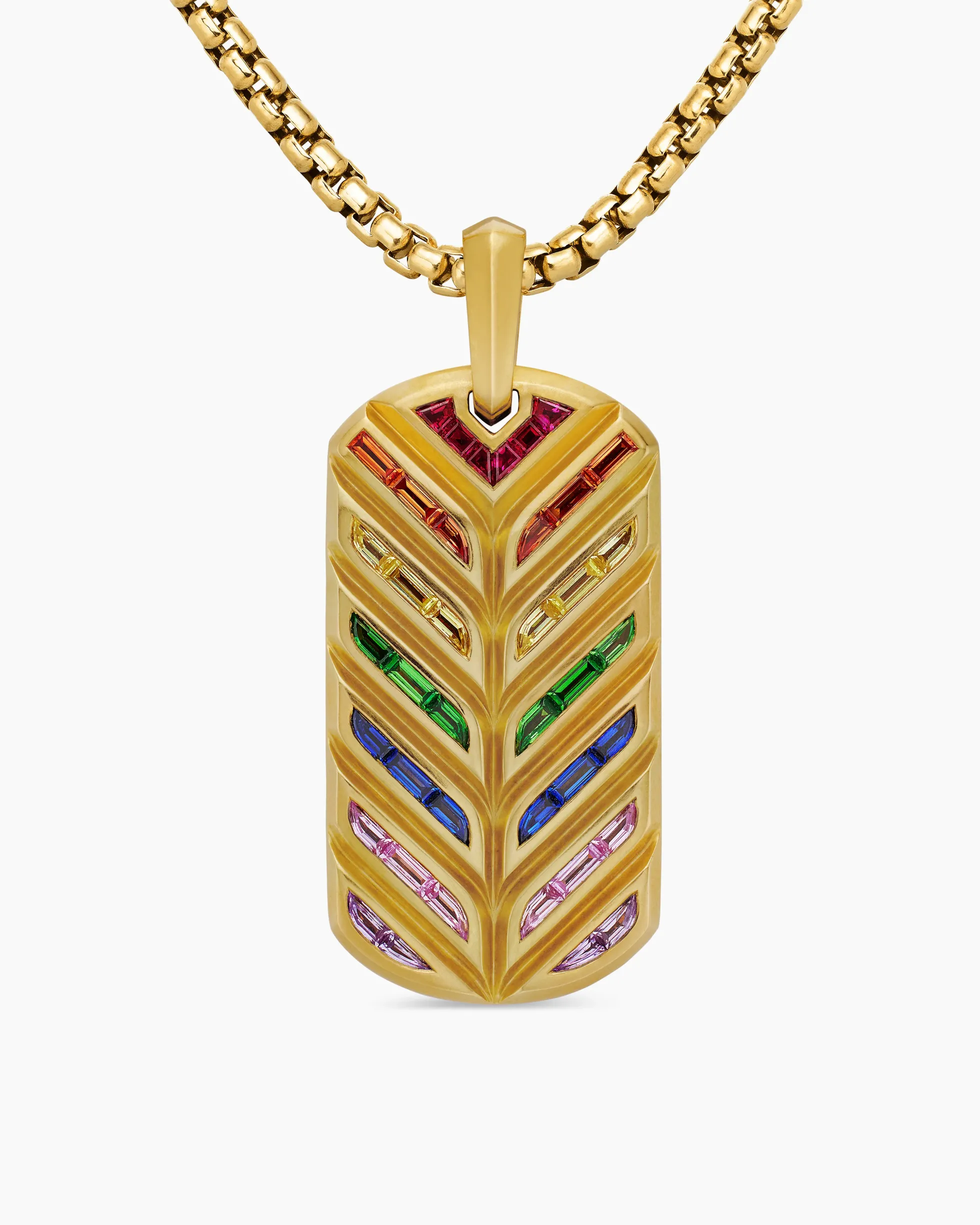 Chevron Tag 18K Yellow Gold with Rainbow Baguettes, 35mm