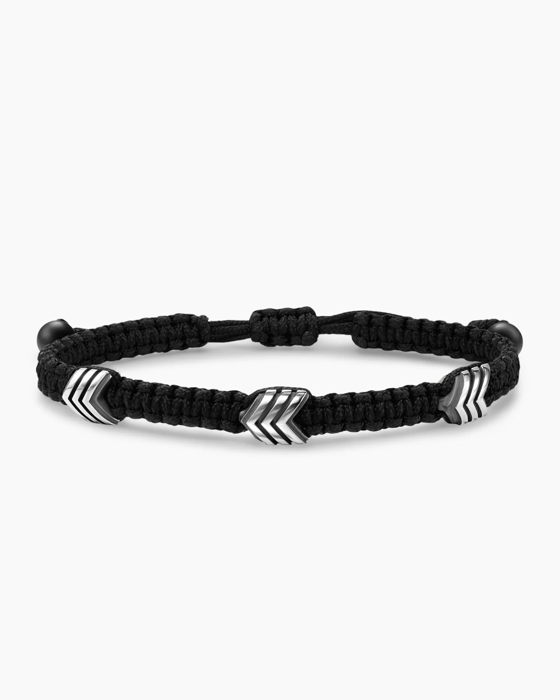 Chevron Woven Station Bracelet Black Nylon with Sterling Silver and Black Onyx, 8.6mm