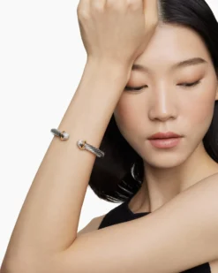 Classic Cable Bracelet Sterling Silver with 18K Yellow Gold and Pavé Diamond Domes, 7mm
