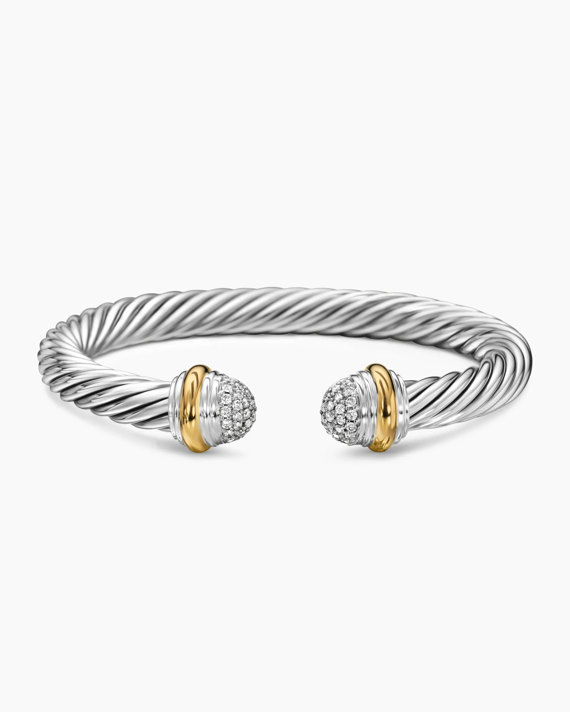 Classic Cable Bracelet Sterling Silver with 18K Yellow Gold and Pavé Diamond Domes, 7mm