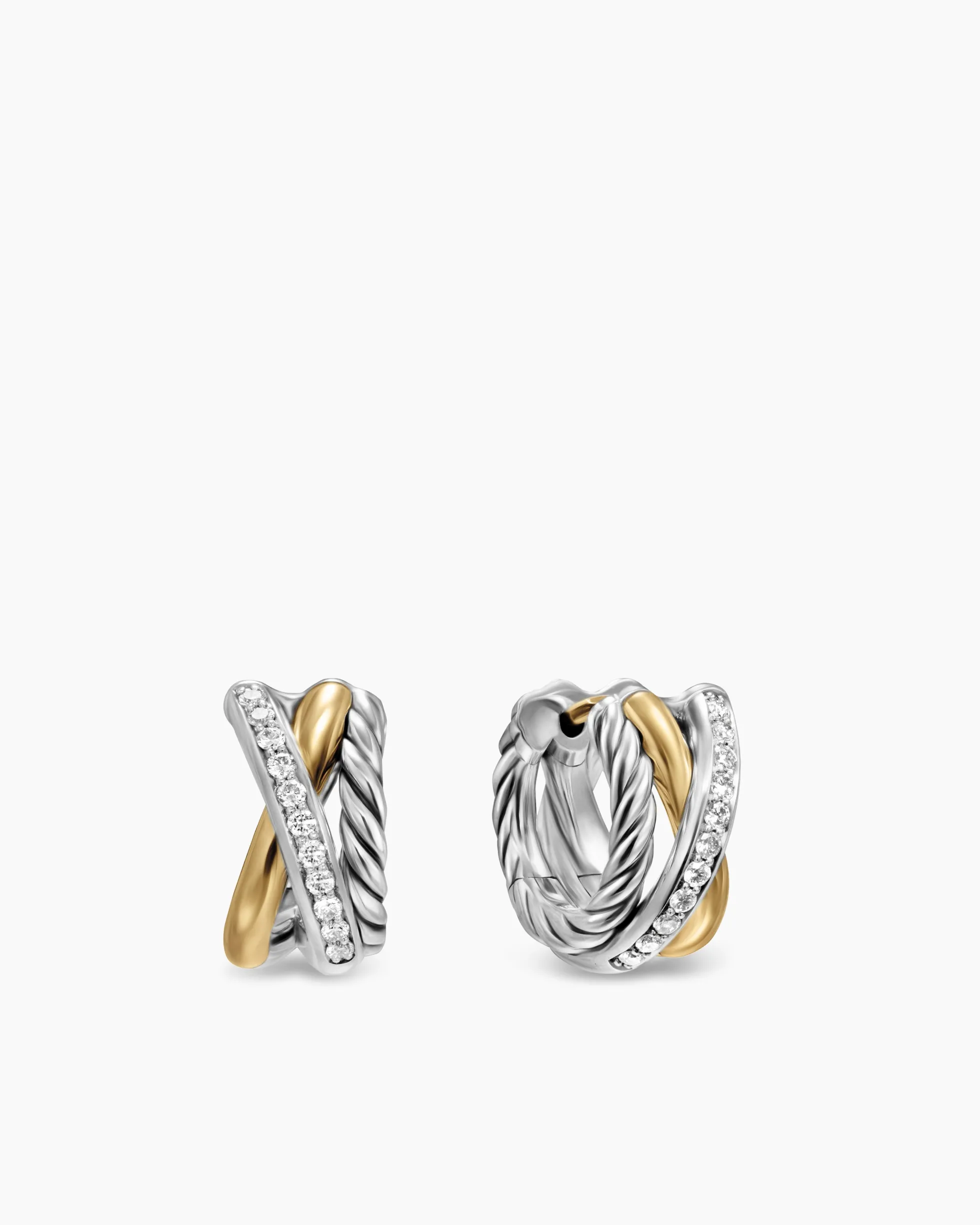 Crossover Three Row Huggie Hoop Earrings Sterling Silver with 18K Yellow Gold, 13mm