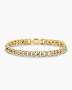 Curb Chain Bracelet 18K Yellow Gold with Diamonds, 7mm