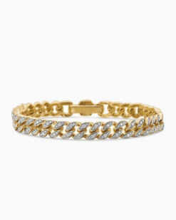 Curb Chain Bracelet 18K Yellow Gold with Diamonds, 7mm