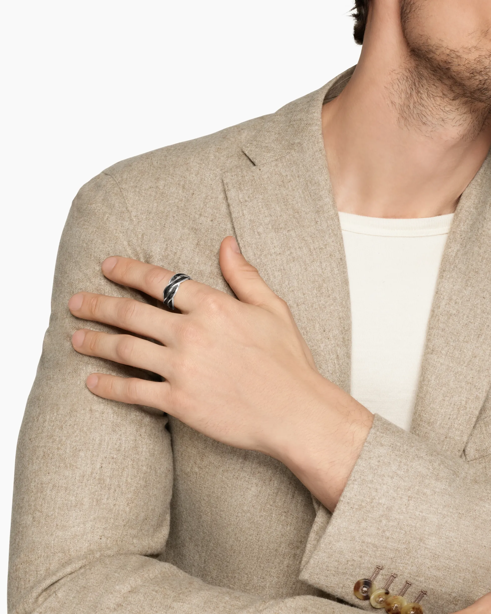 DY Helios™ Band Ring 18K White Gold with Forged Carbon, 9mm