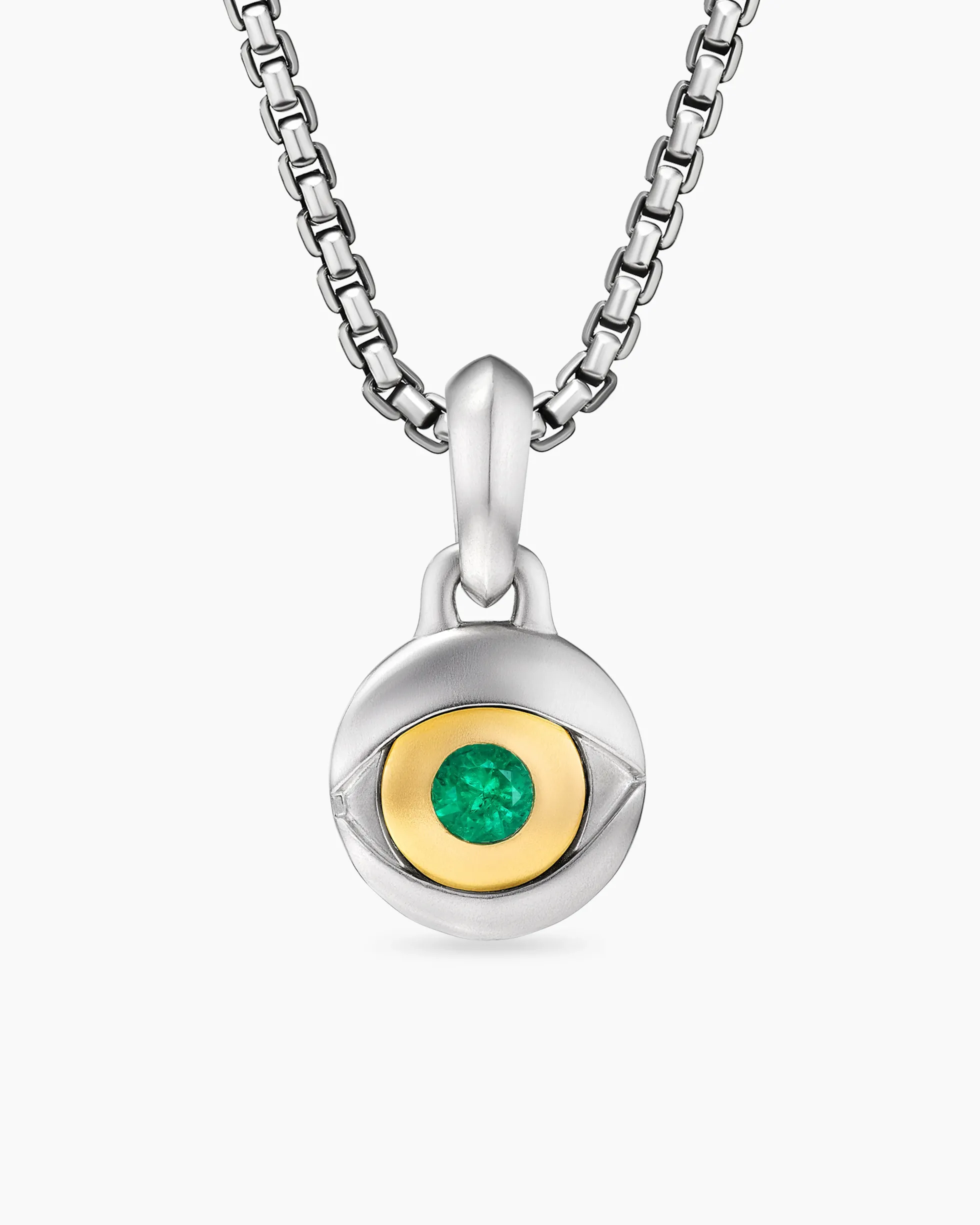 Evil Eye Amulet Sterling Silver with 18K Yellow Gold and Emerald, 14.5mm