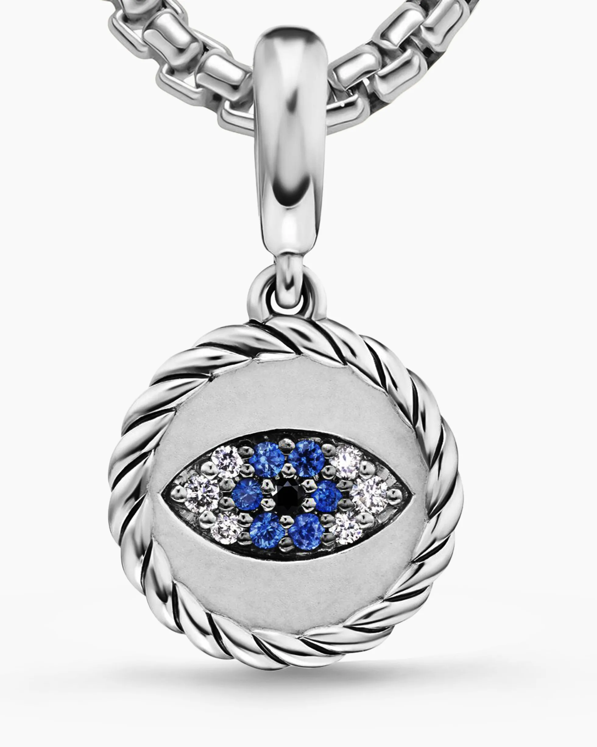 Evil Eye Amulet Sterling Silver with Pavé Blue Sapphires and Diamonds, 12.6mm