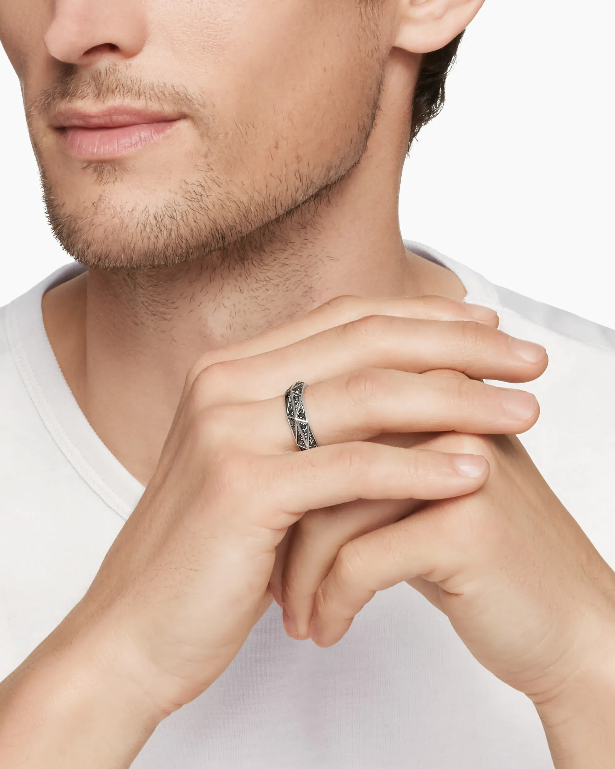Faceted Band Ring Sterling Silver with Black Diamonds, 6.2mm