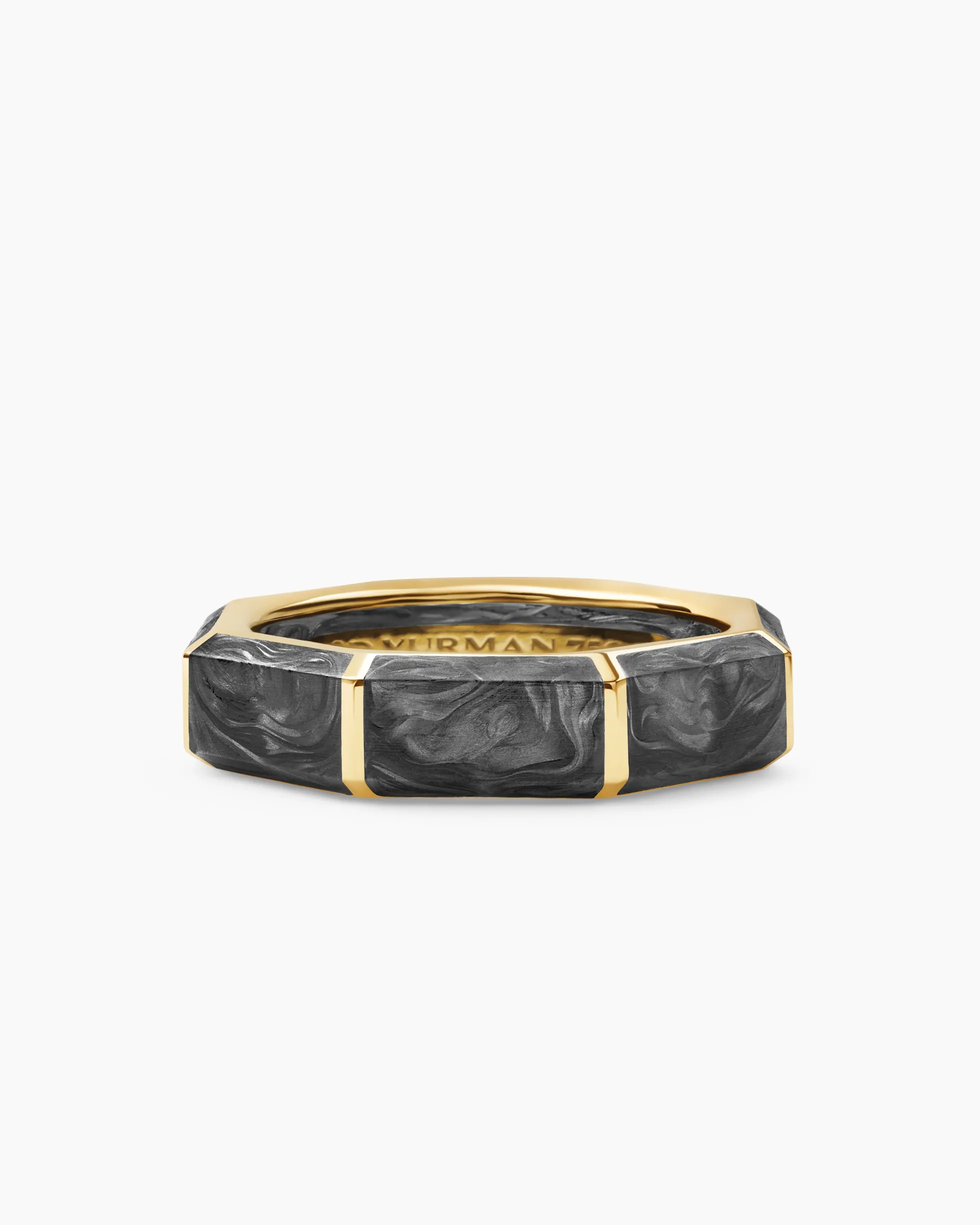 Forged Carbon Faceted Band Ring 18K Yellow Gold, 6mm