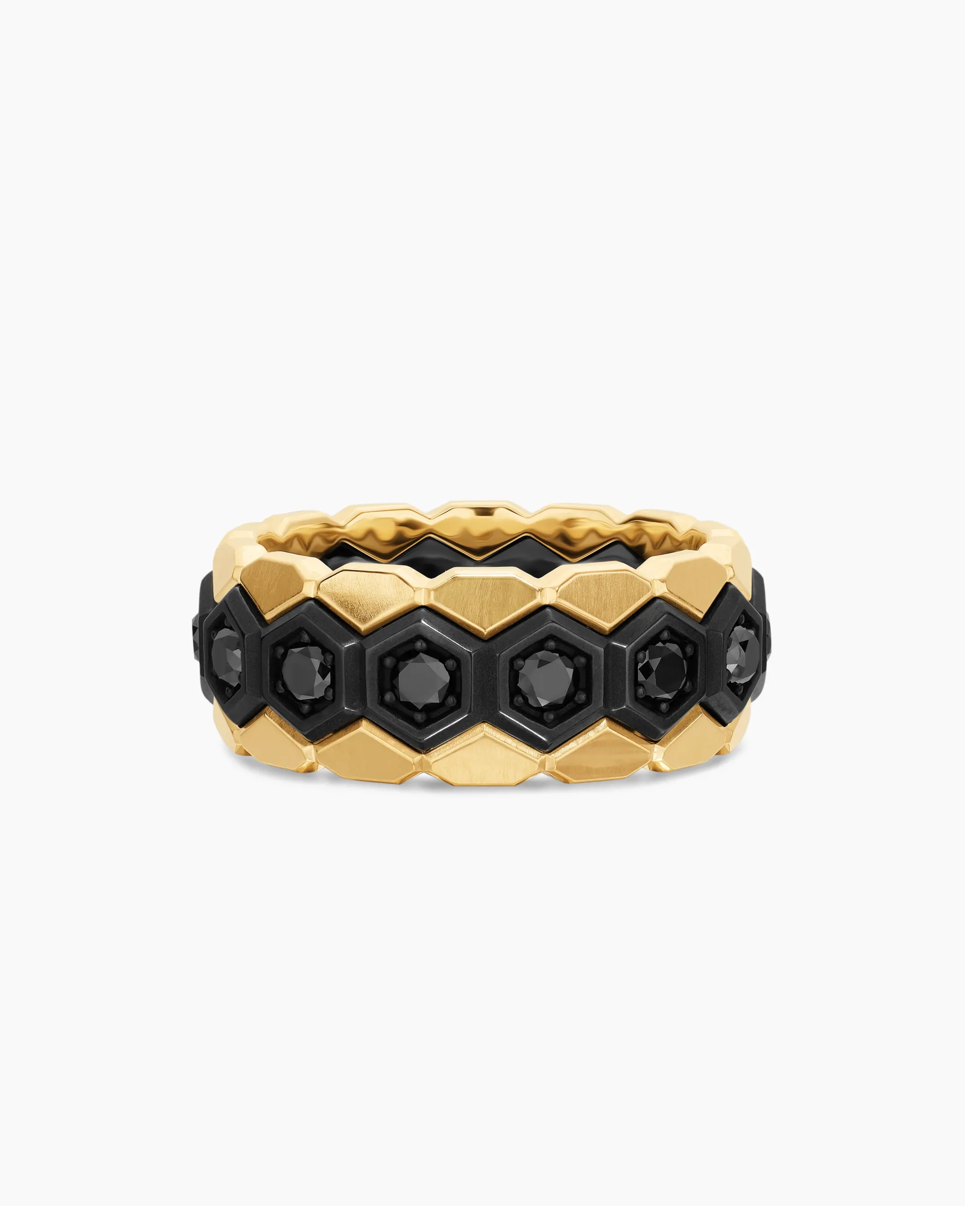 Hex Stack Ring Black Titanium with 18K Yellow Gold and Black Diamonds, 9.3mm