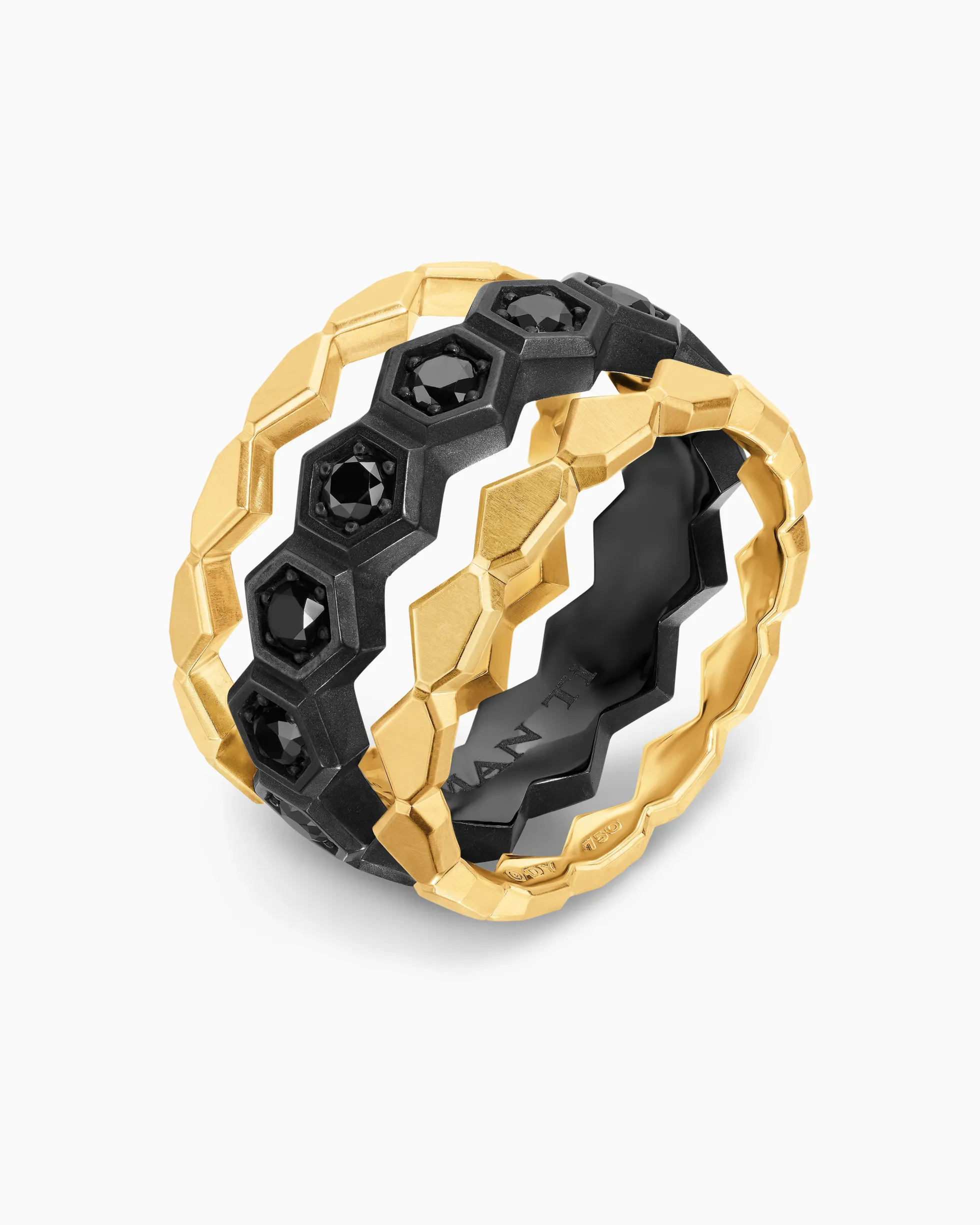 Hex Stack Ring Black Titanium with 18K Yellow Gold and Black Diamonds, 9.3mm
