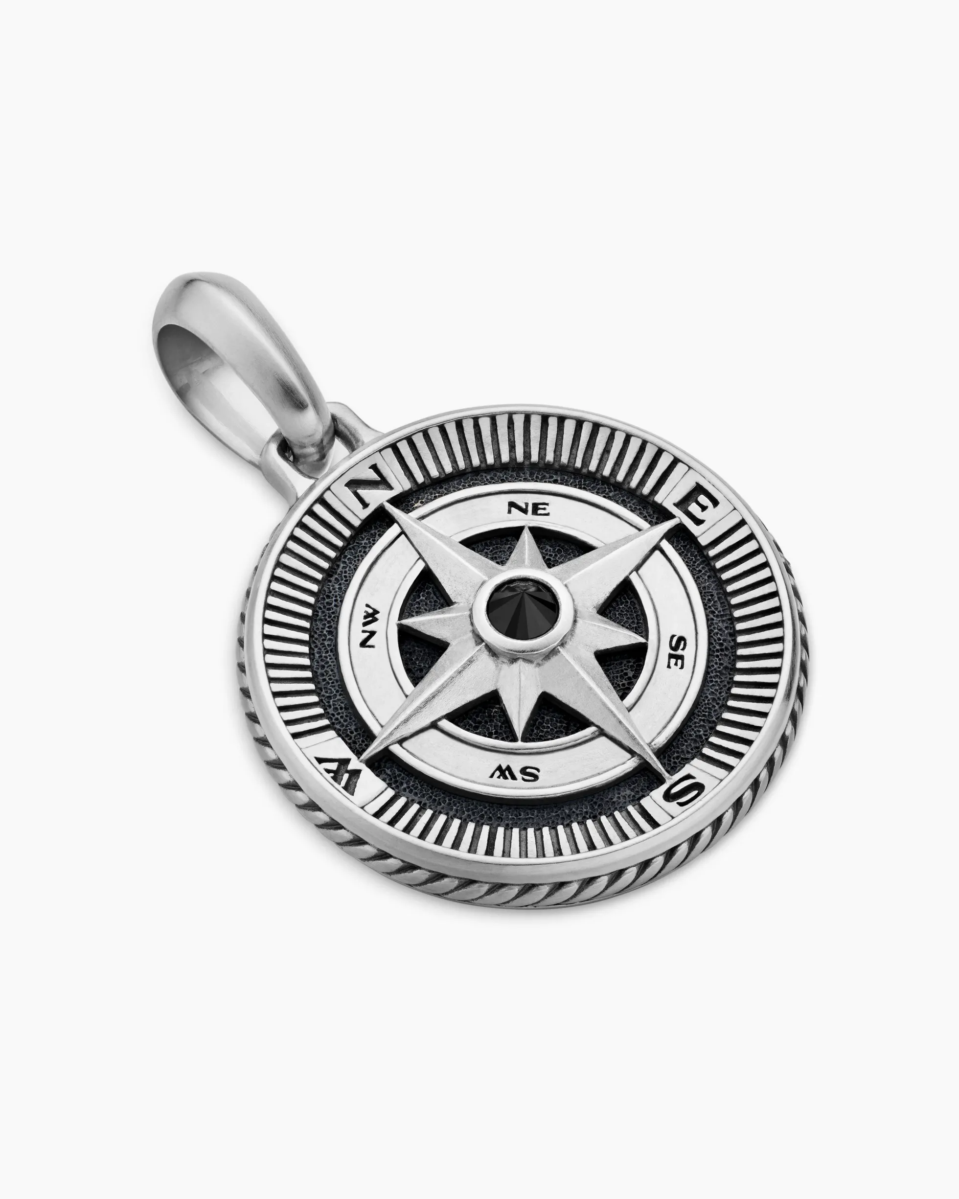Maritime® Compass Amulet Sterling Silver with Center Black Diamond, 26.8mm