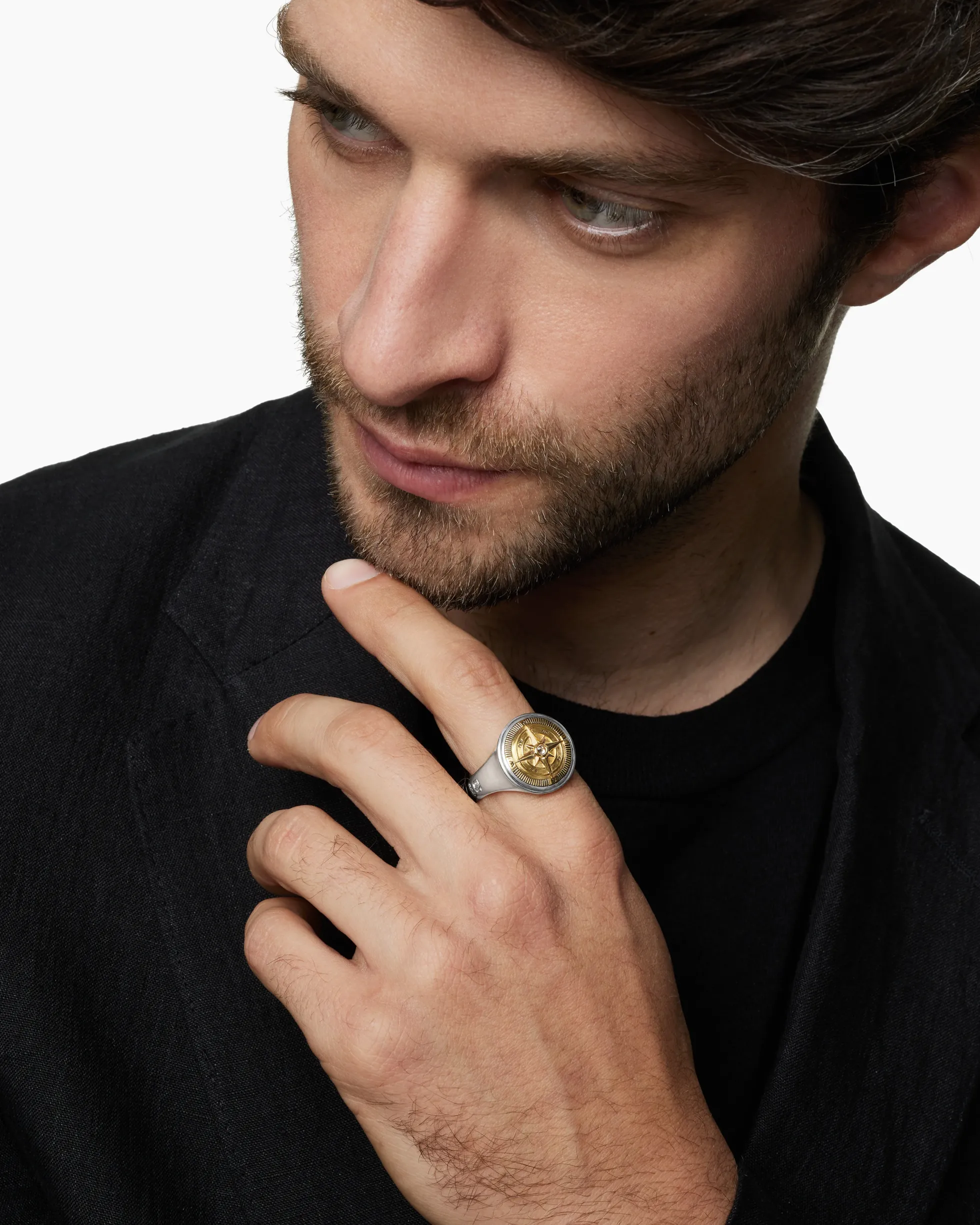 Maritime® Compass Signet Ring Sterling Silver with 18K Yellow Gold and Center Diamond, 19.4mm