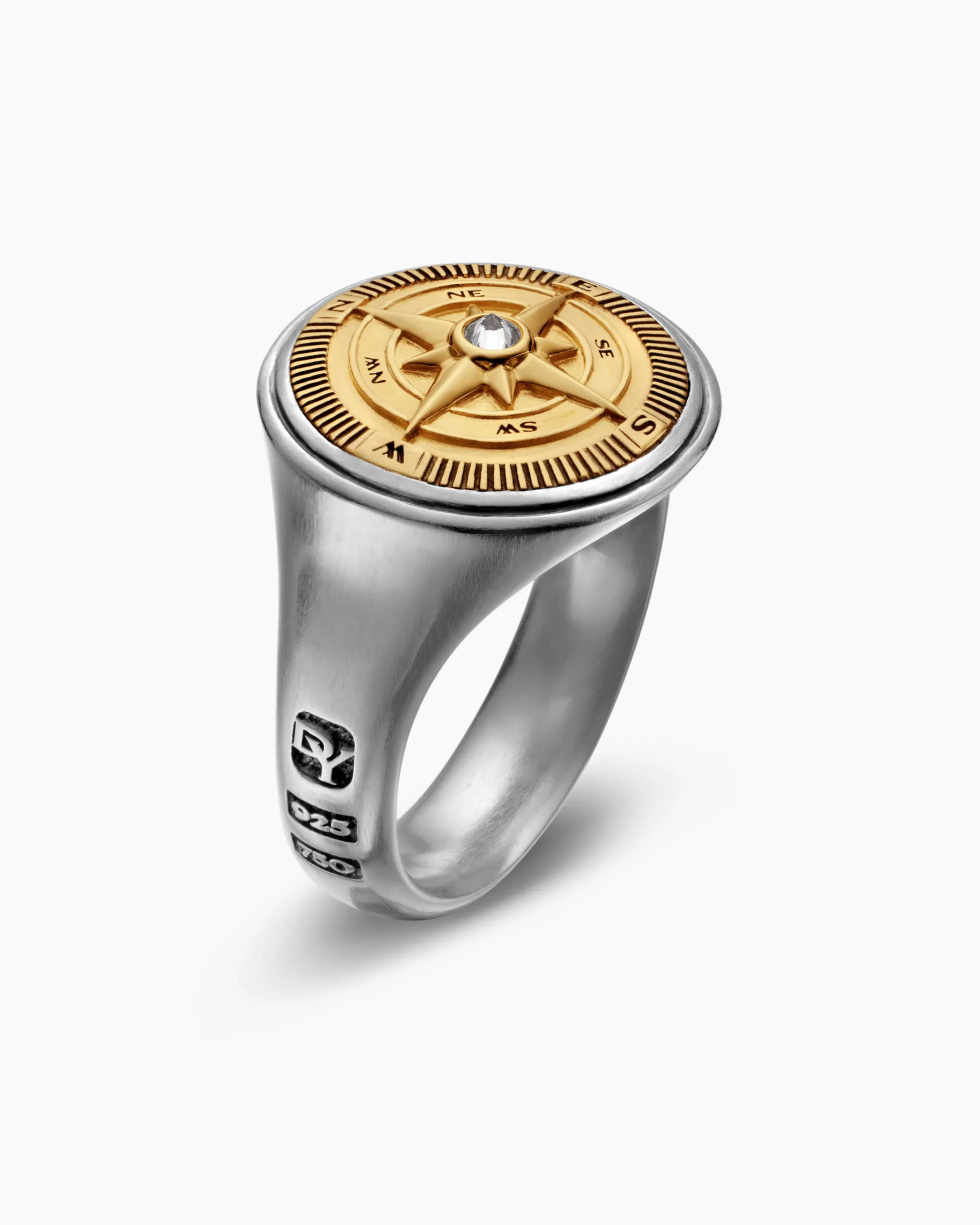 Maritime® Compass Signet Ring Sterling Silver with 18K Yellow Gold and Center Diamond, 19.4mm