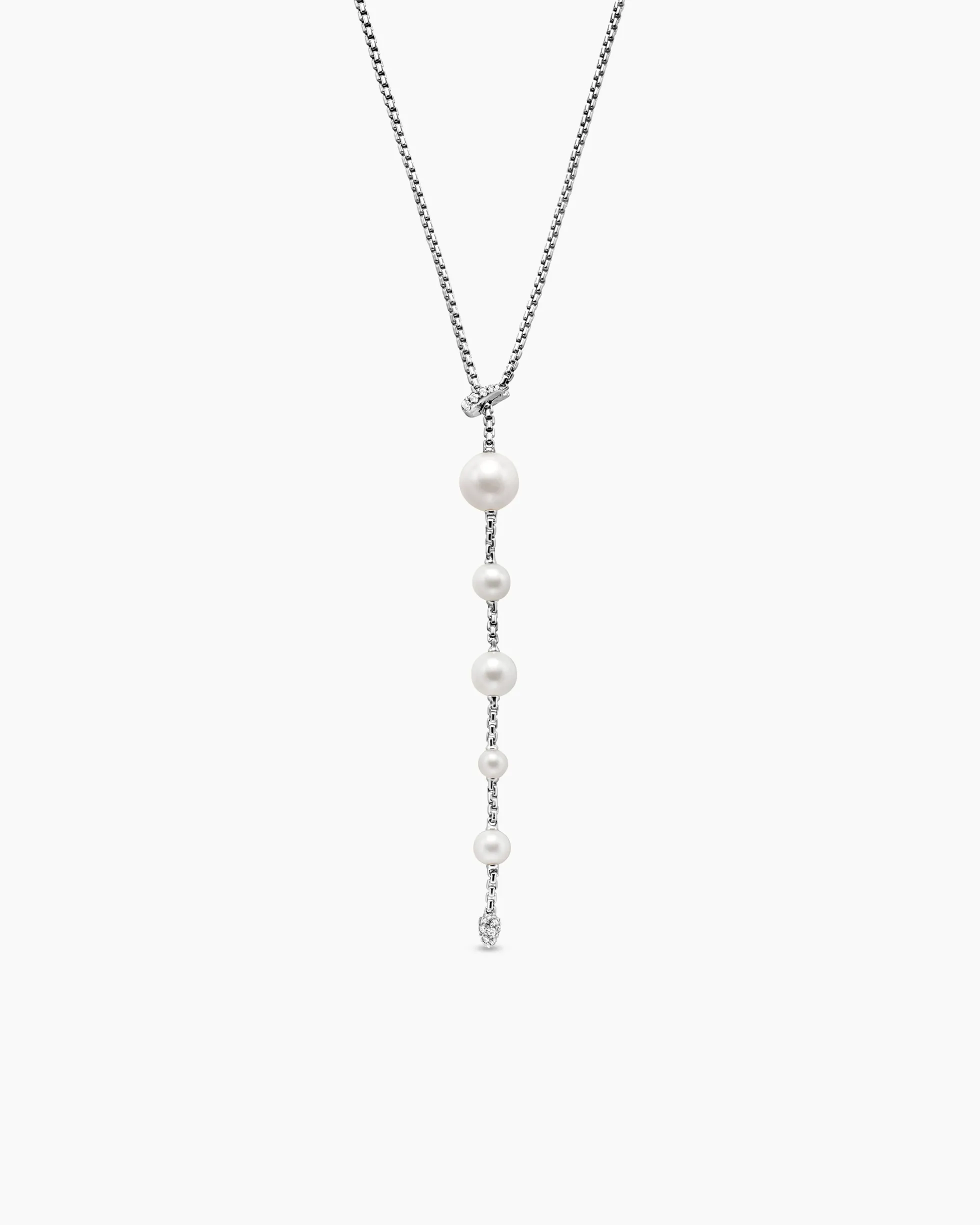 Pearl and Pavé Y Necklace Sterling Silver with Pearls and Diamonds