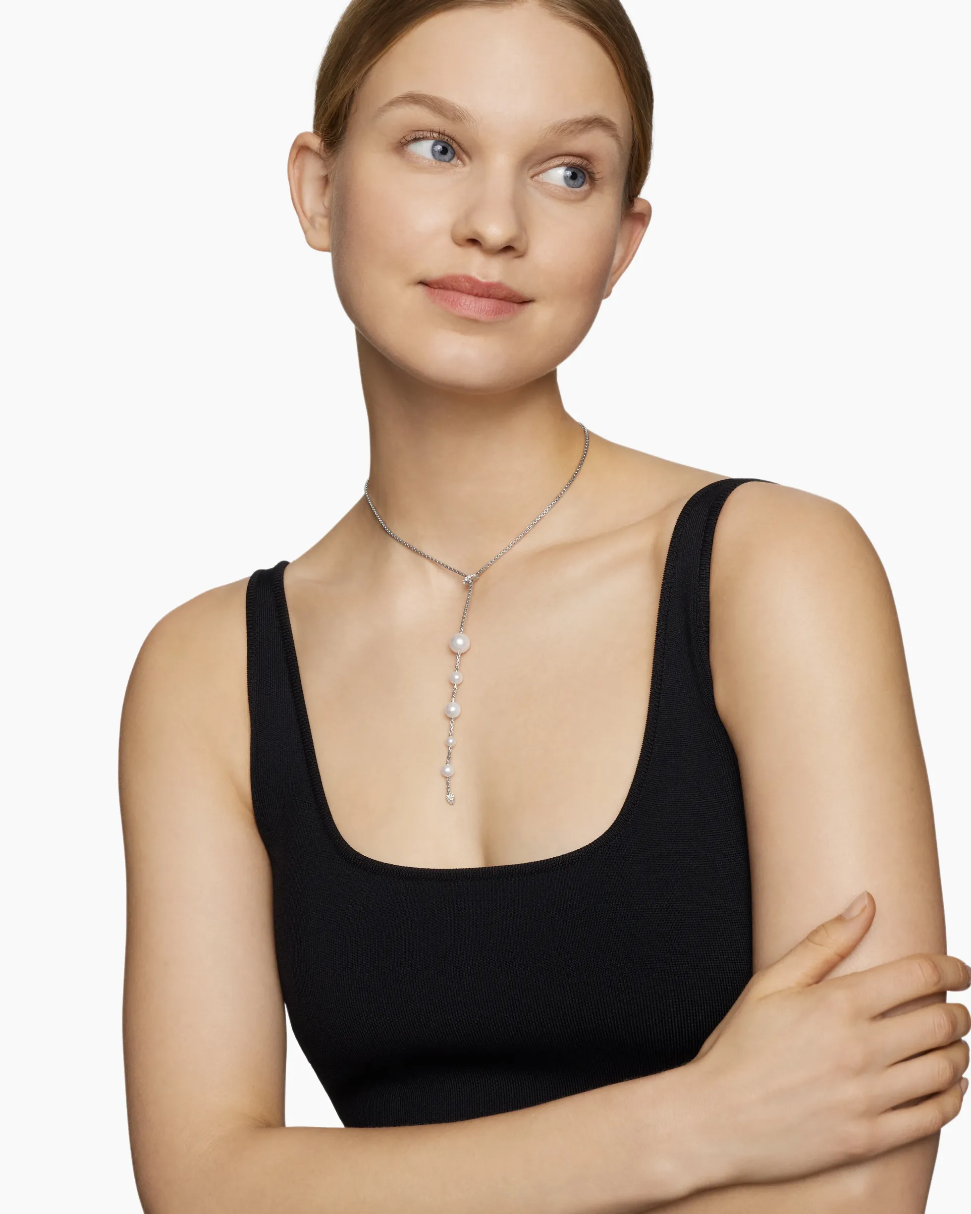 Pearl and Pavé Y Necklace Sterling Silver with Pearls and Diamonds