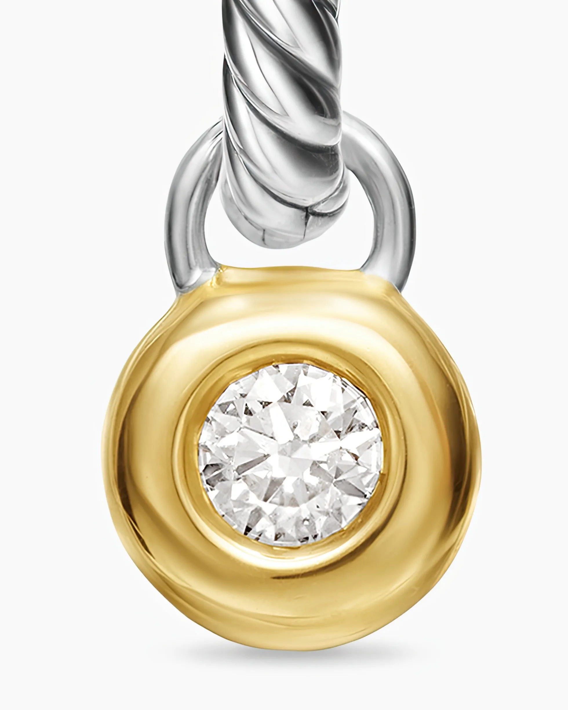 Petite Cable Huggie Drop Earrings Sterling Silver with 14K Yellow Gold and Diamonds, 17.5mm