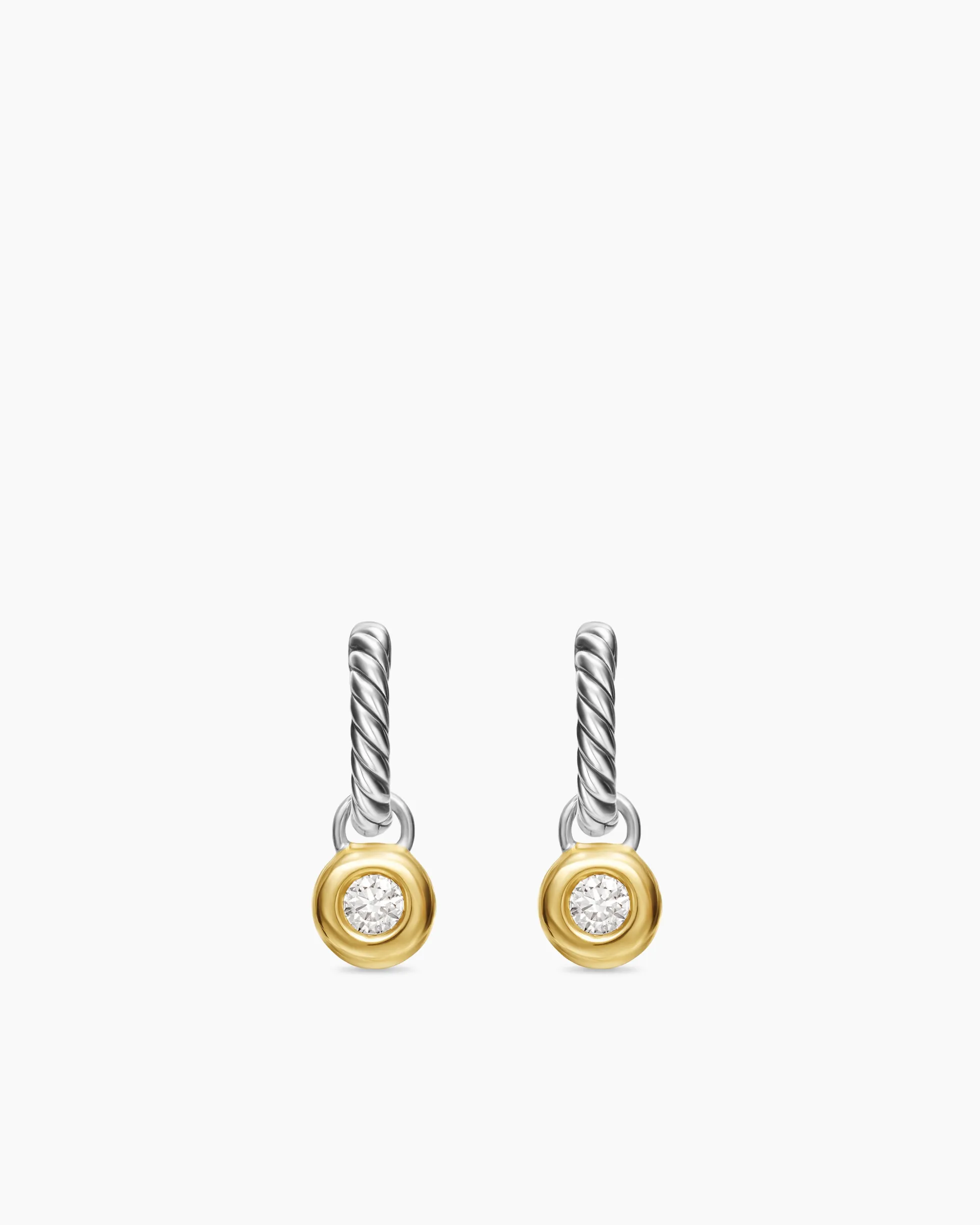 Petite Cable Huggie Drop Earrings Sterling Silver with 14K Yellow Gold and Diamonds, 17.5mm