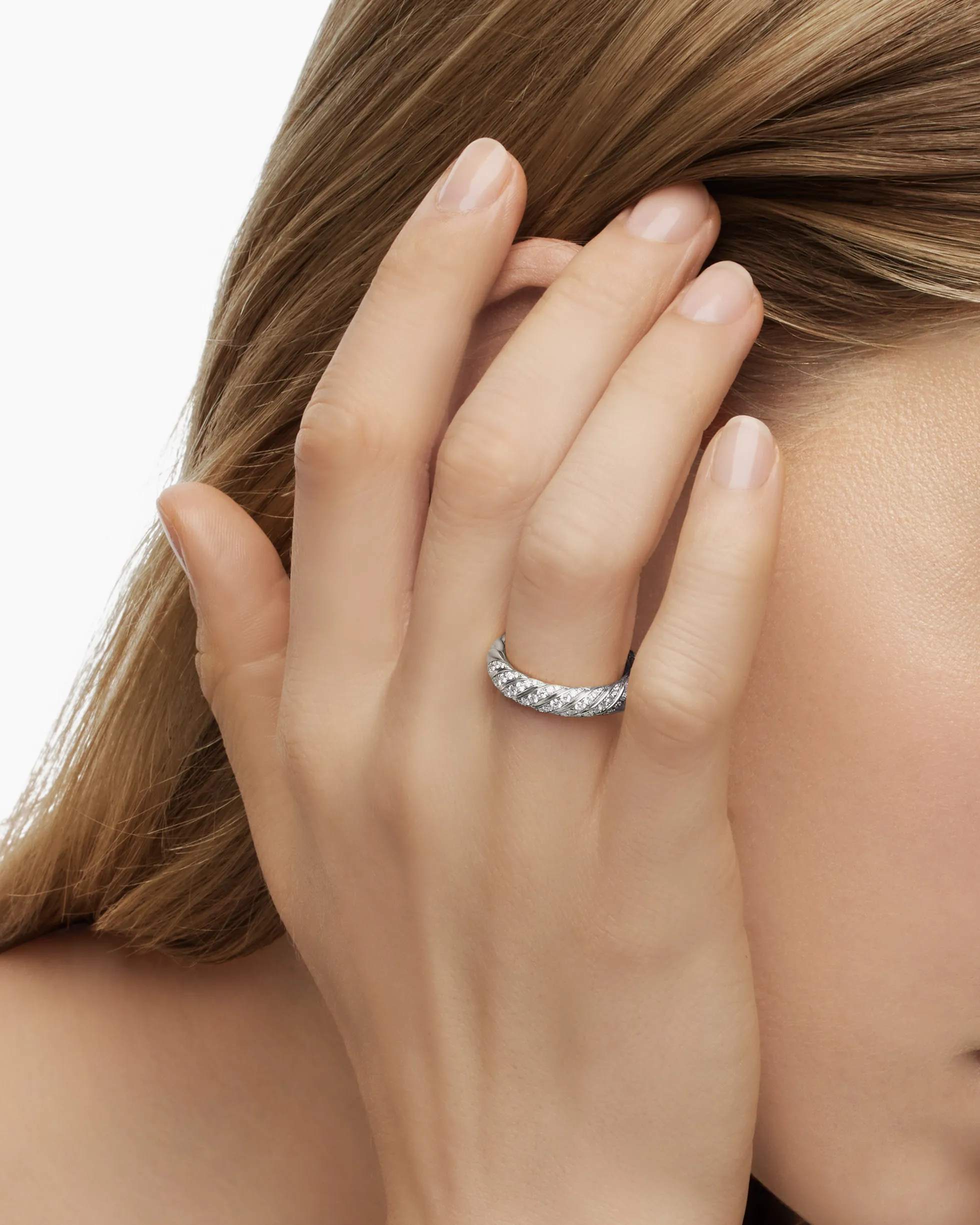 Sculpted Cable Band Ring 18K White Gold with Diamonds, 4.6mm
