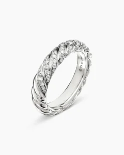 Sculpted Cable Band Ring 18K White Gold with Diamonds, 4.6mm