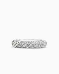 Sculpted Cable Band Ring 18K White Gold with Diamonds, 4.6mm