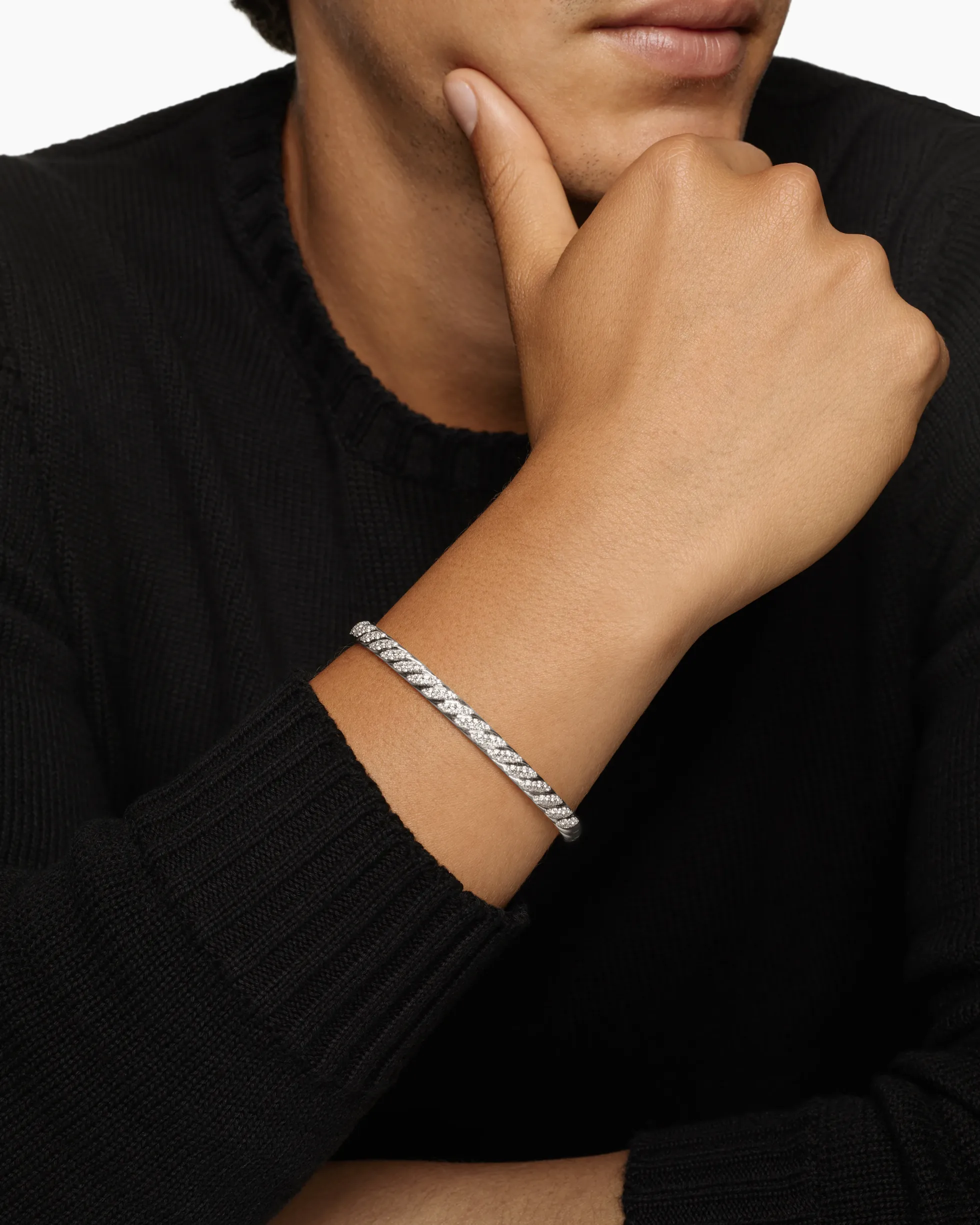 Sculpted Cable Cuff Bracelet 18K White Gold with Diamonds, 5.5mm