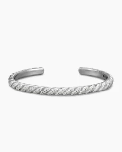 Sculpted Cable Cuff Bracelet 18K White Gold with Diamonds, 5.5mm