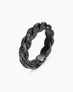 Sculpted Cable Flex Band Ring 18K White Gold with Black Rhodium and Black Diamonds, 5mm