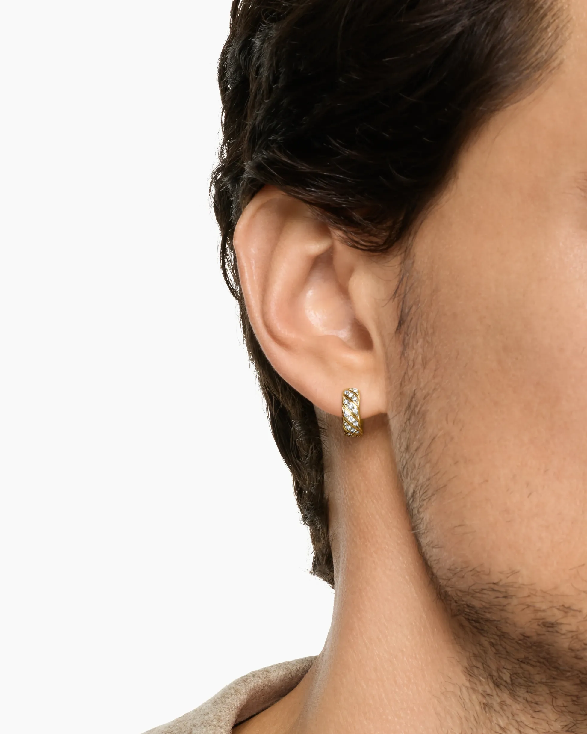 Sculpted Cable Hoop Earring 18K Yellow Gold with Diamonds, 12.8mm