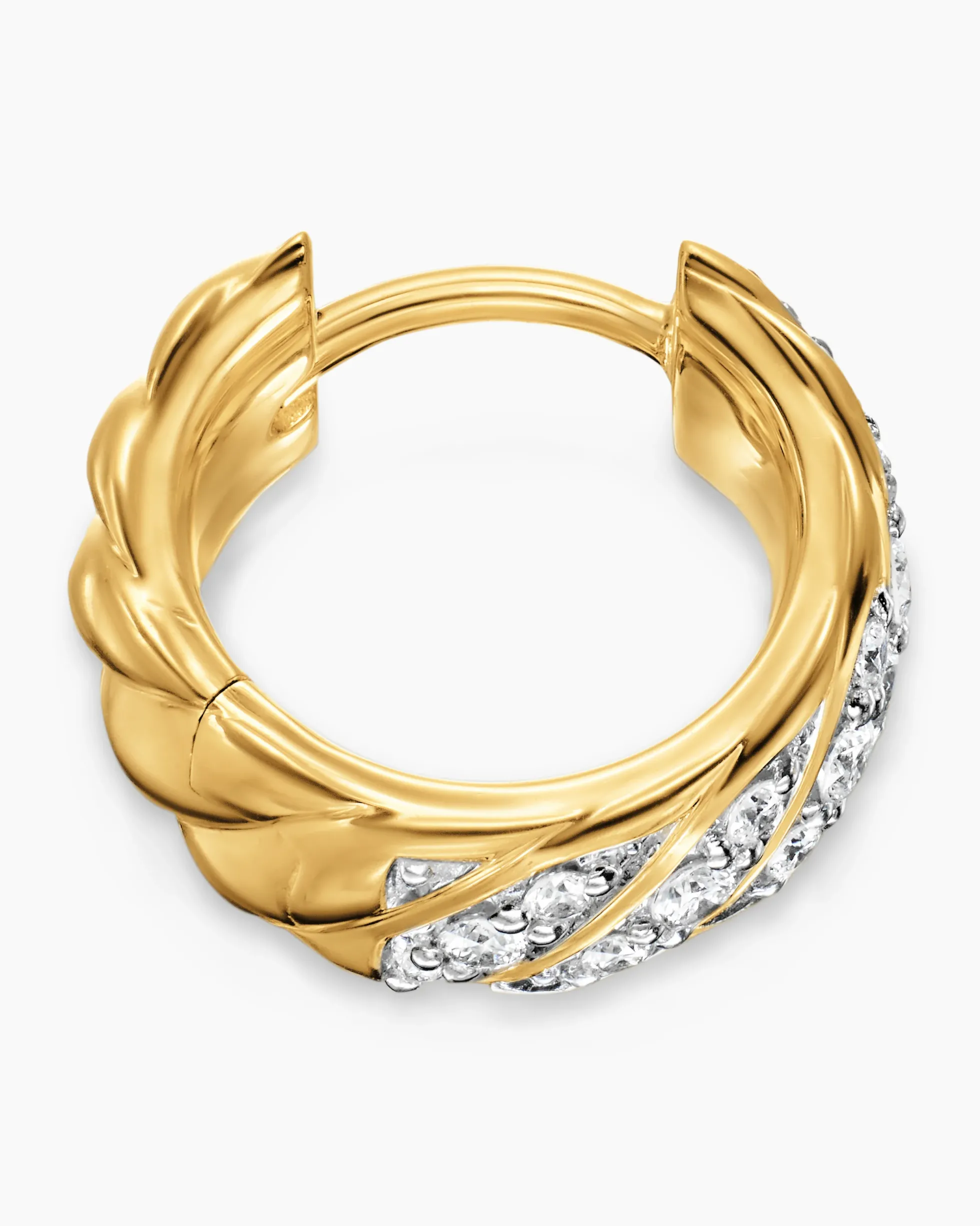 Sculpted Cable Hoop Earring 18K Yellow Gold with Diamonds, 12.8mm
