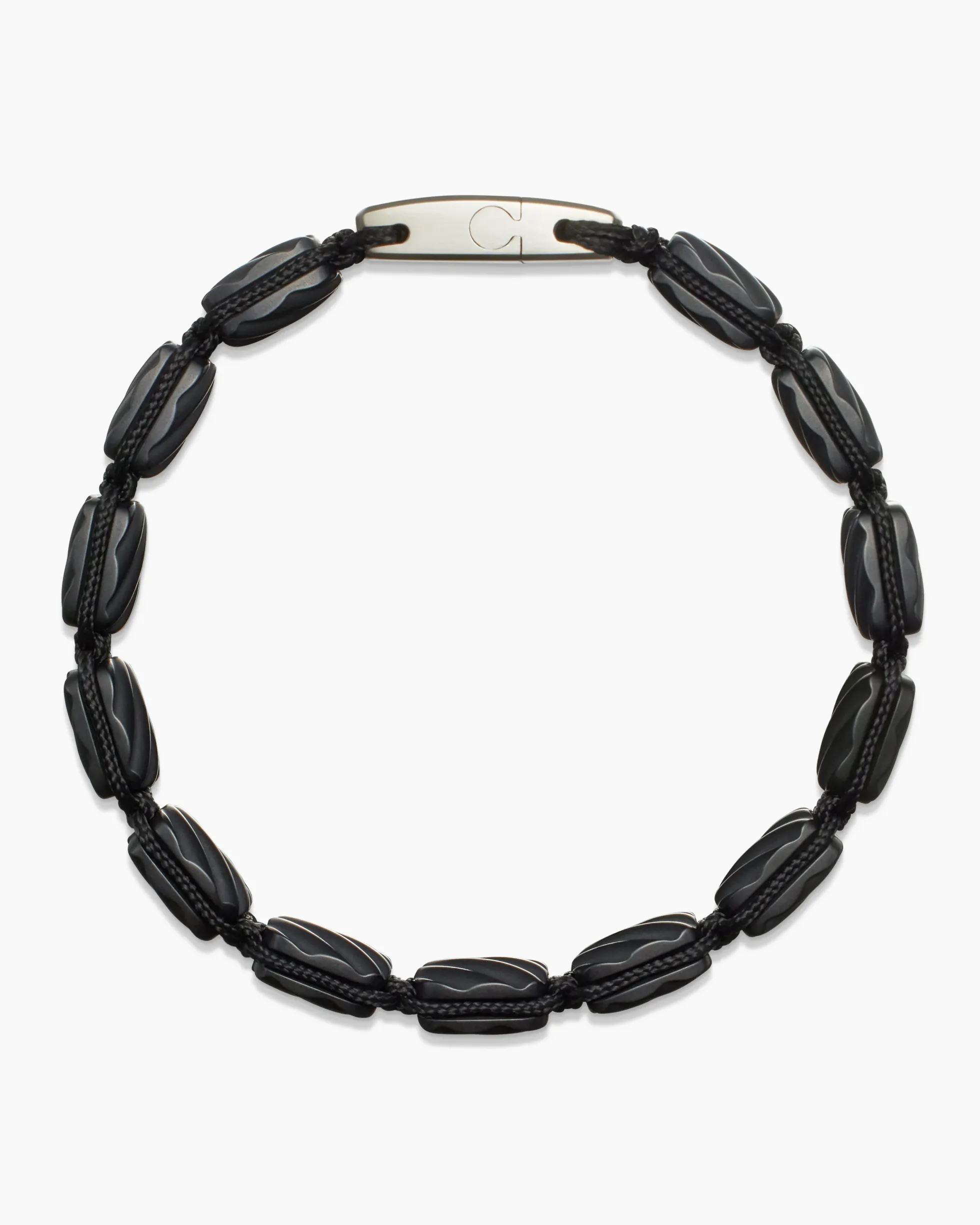 Sculpted Cable Woven Tile Bracelet Black Titanium with Sterling Silver and Black Nylon, 8.5mm