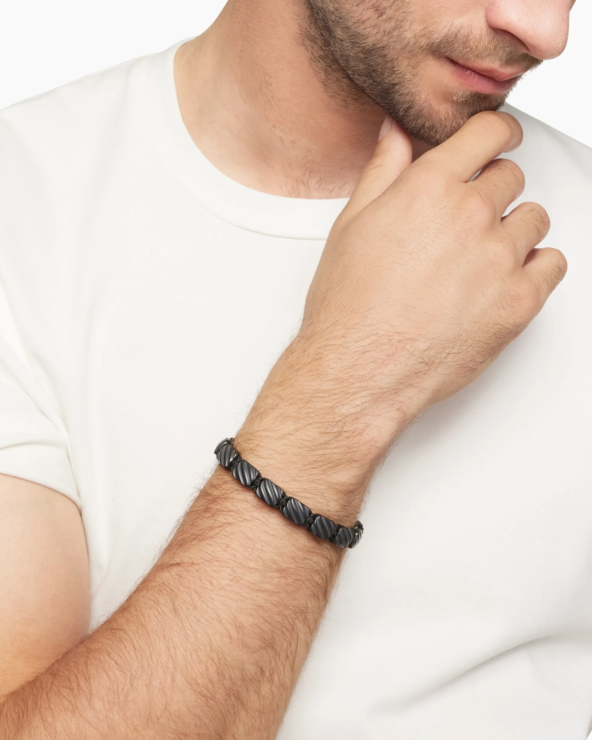 Sculpted Cable Woven Tile Bracelet Black Titanium with Sterling Silver and Black Nylon, 8.5mm