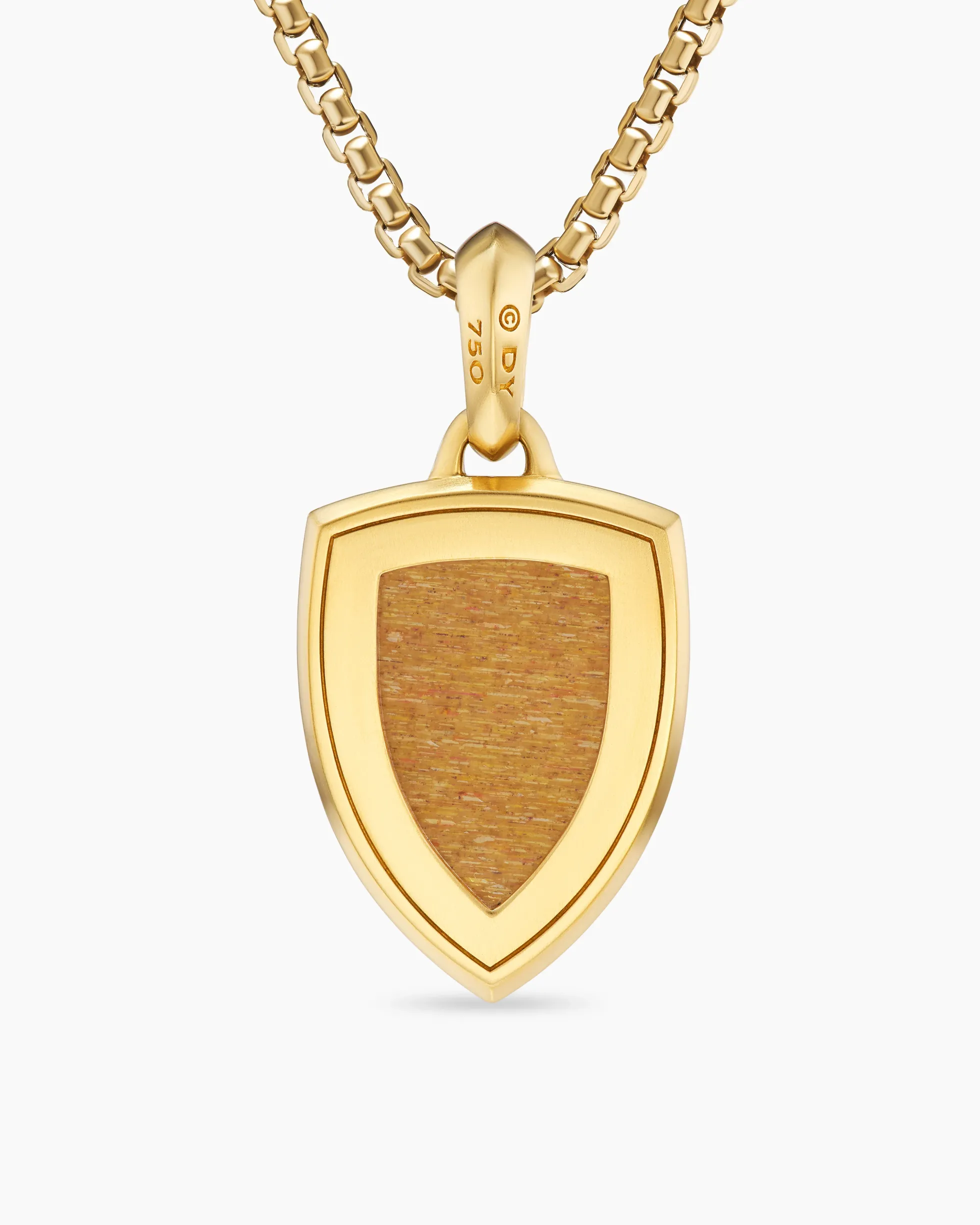 Shield Amulet 18K Yellow Gold with Golden Sun Stone and Black Diamonds, 27mm