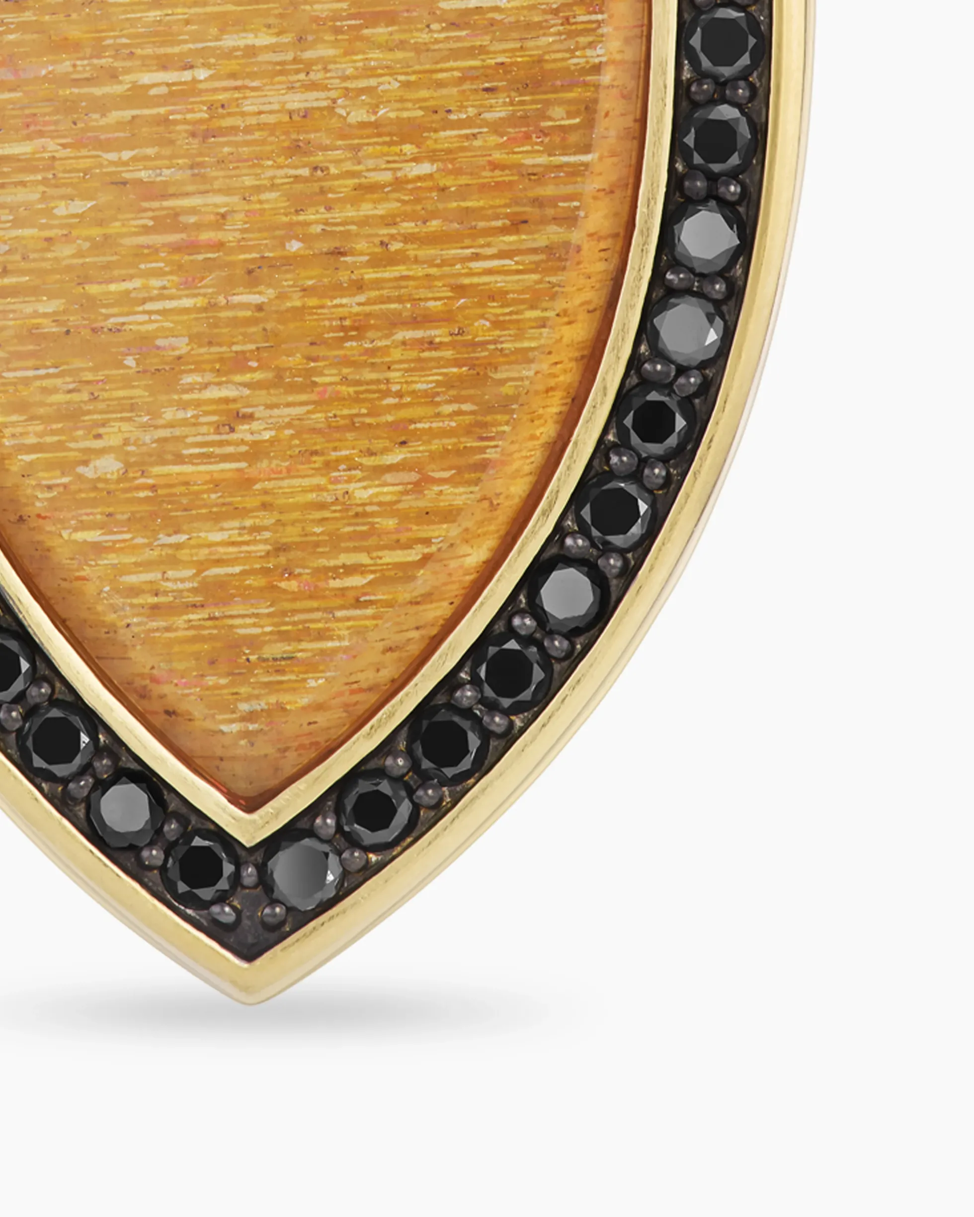 Shield Amulet 18K Yellow Gold with Golden Sun Stone and Black Diamonds, 27mm
