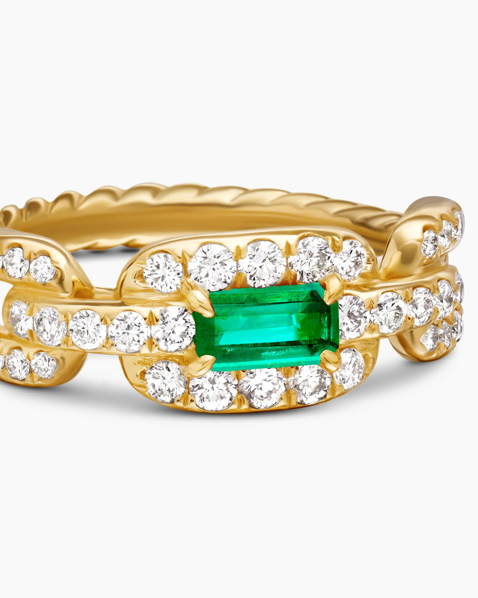 Stax Chain Link Stone Ring 18K Yellow Gold with Diamonds and Emerald, 7mm