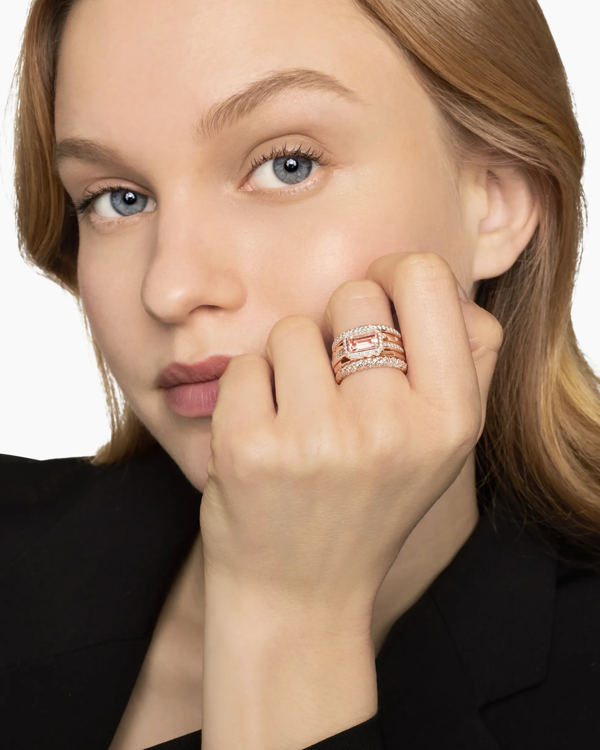 Stax Five Row Ring 18K Rose Gold with Morganite and Diamonds, 14mm