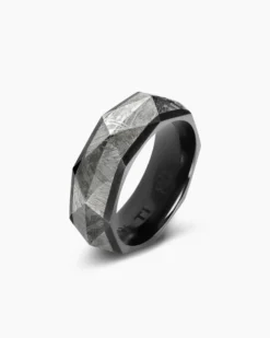 Torqued Faceted Band Ring Black Titanium with Meteorite, 8.5mm
