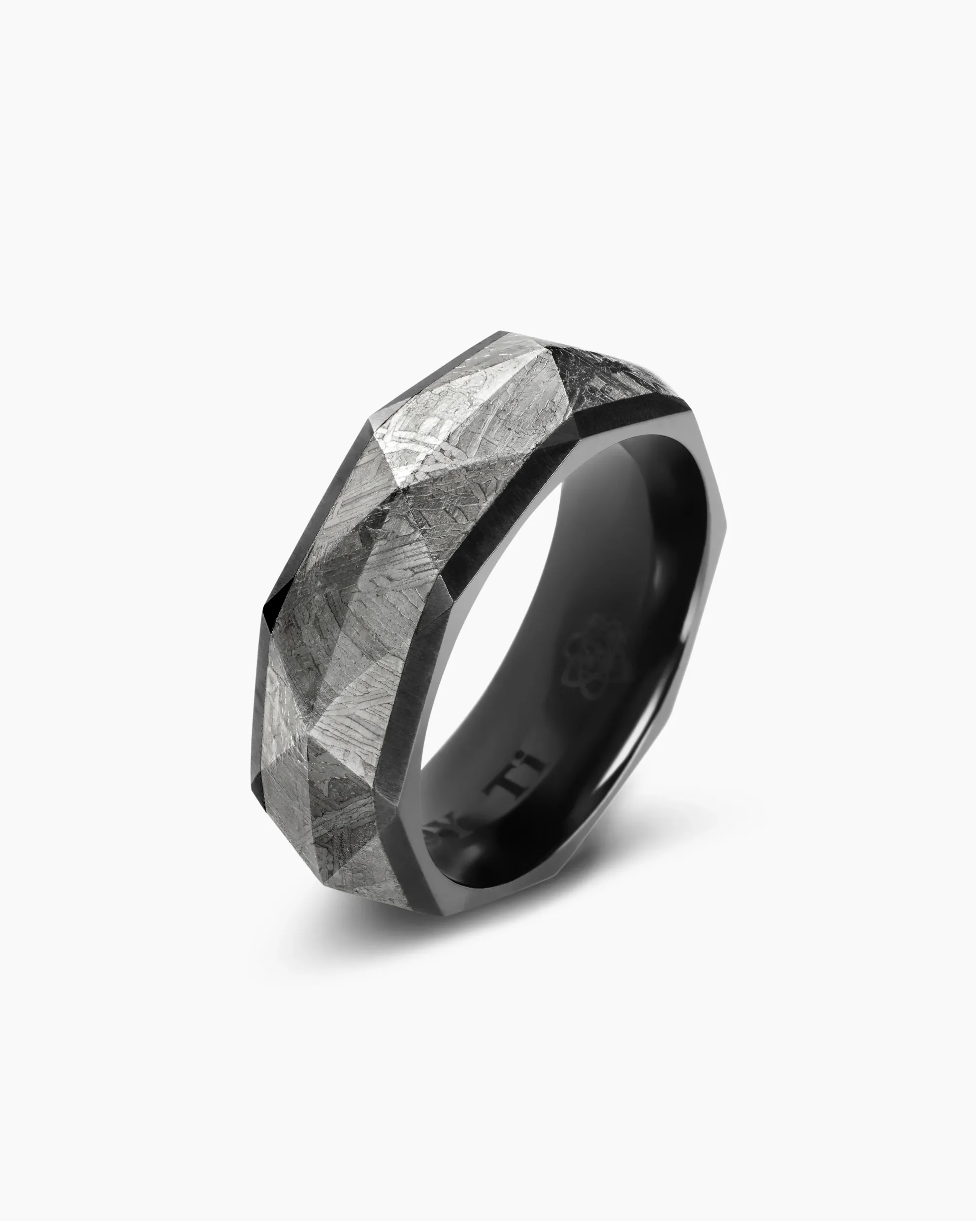 Torqued Faceted Band Ring Black Titanium with Meteorite, 8.5mm