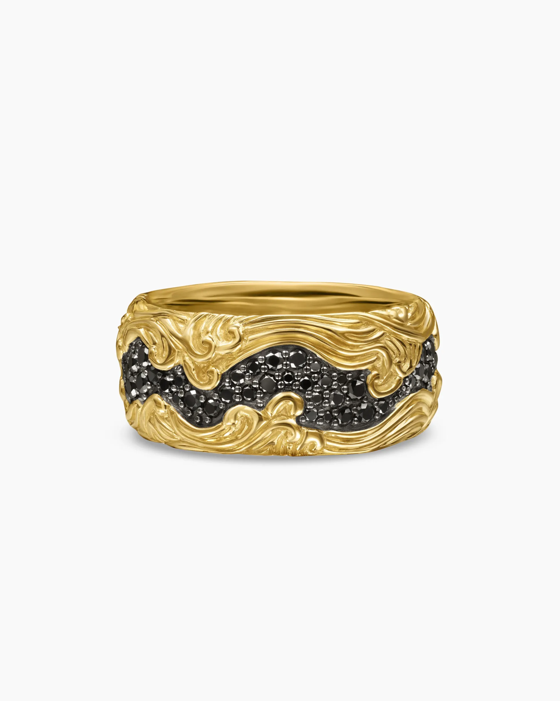 Waves Band Ring 18K Yellow Gold with Black Diamonds, 10.5mm