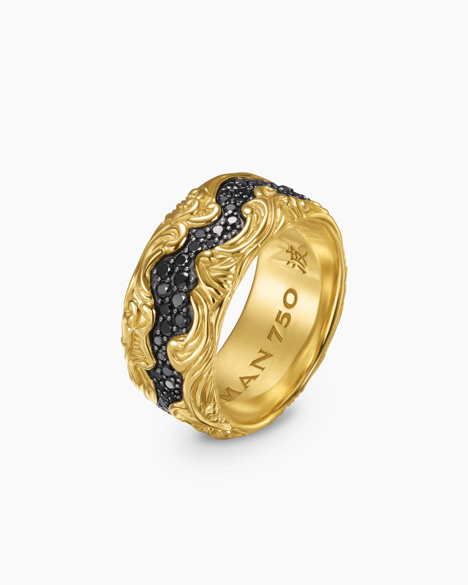 Waves Band Ring 18K Yellow Gold with Black Diamonds, 10.5mm