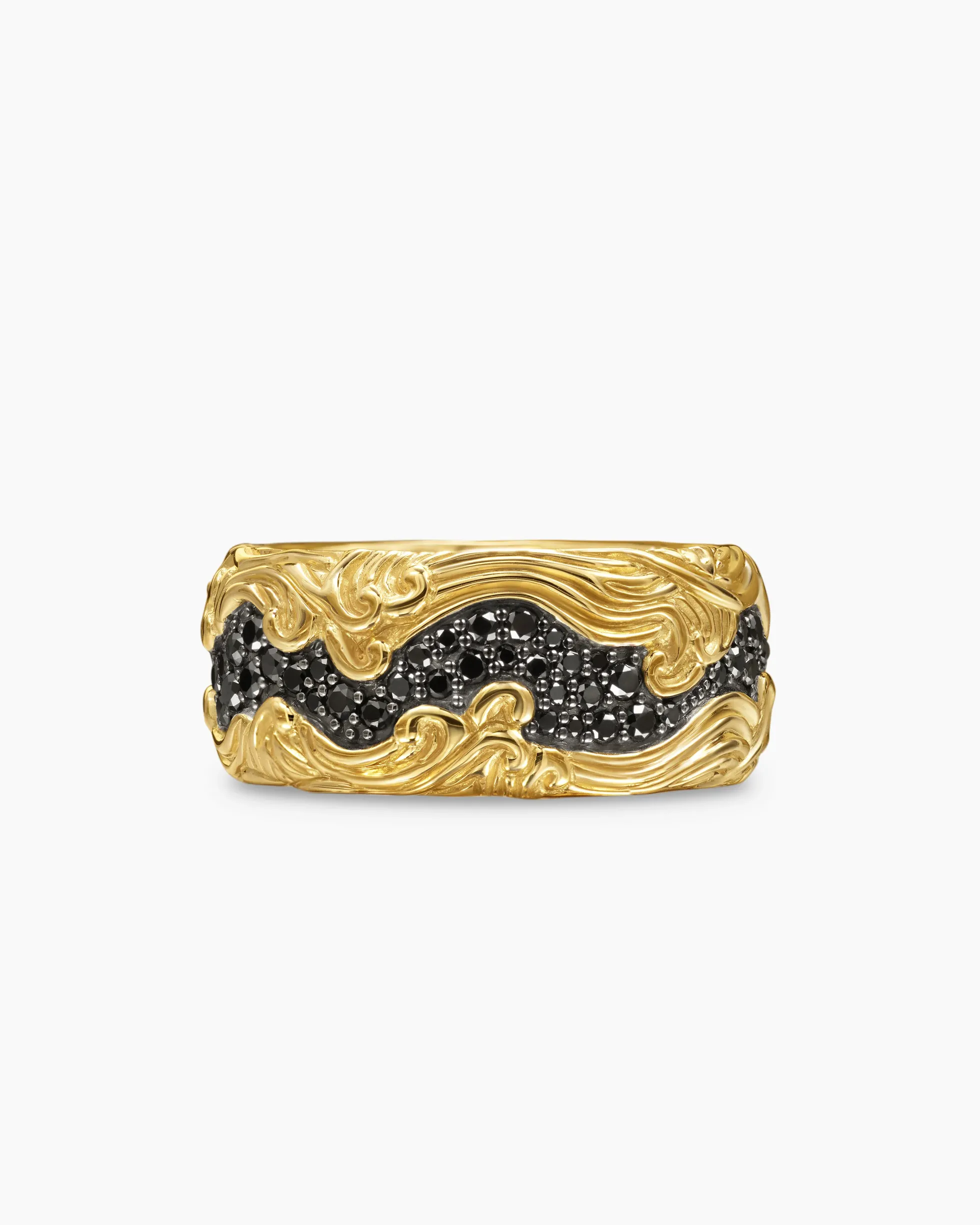 Waves Band Ring 18K Yellow Gold with Black Diamonds, 10.5mm