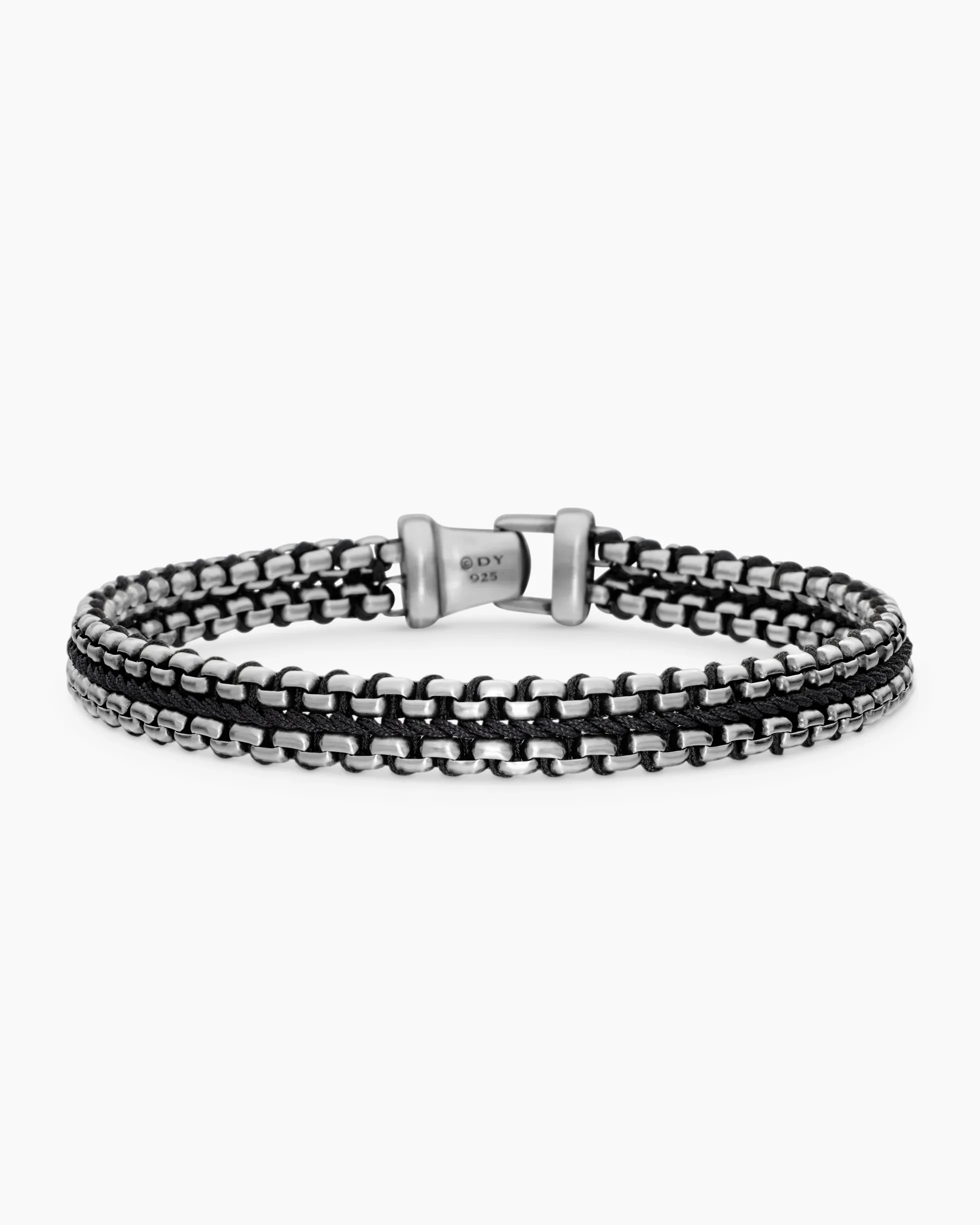 Woven Box Chain Bracelet Sterling Silver with Black Nylon, 10mm