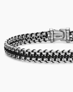 Woven Box Chain Bracelet Sterling Silver with Black Nylon, 10mm