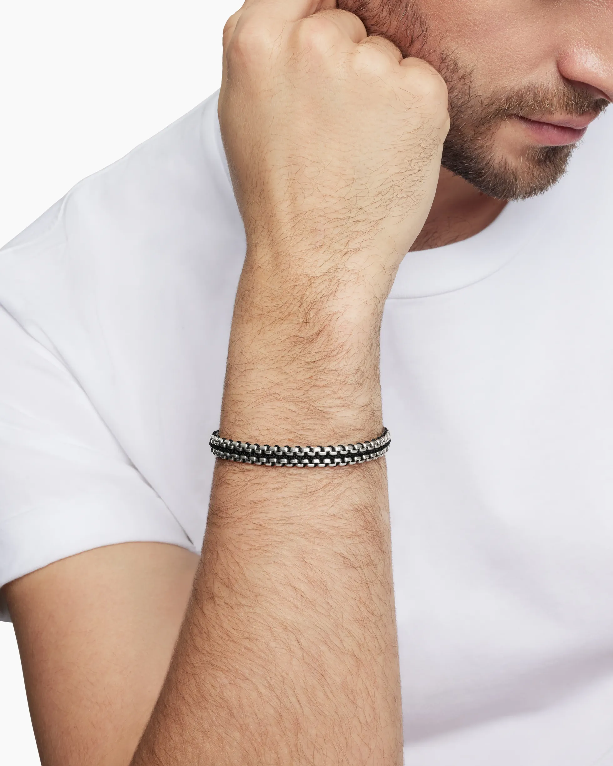 Woven Box Chain Bracelet Sterling Silver with Black Nylon, 10mm